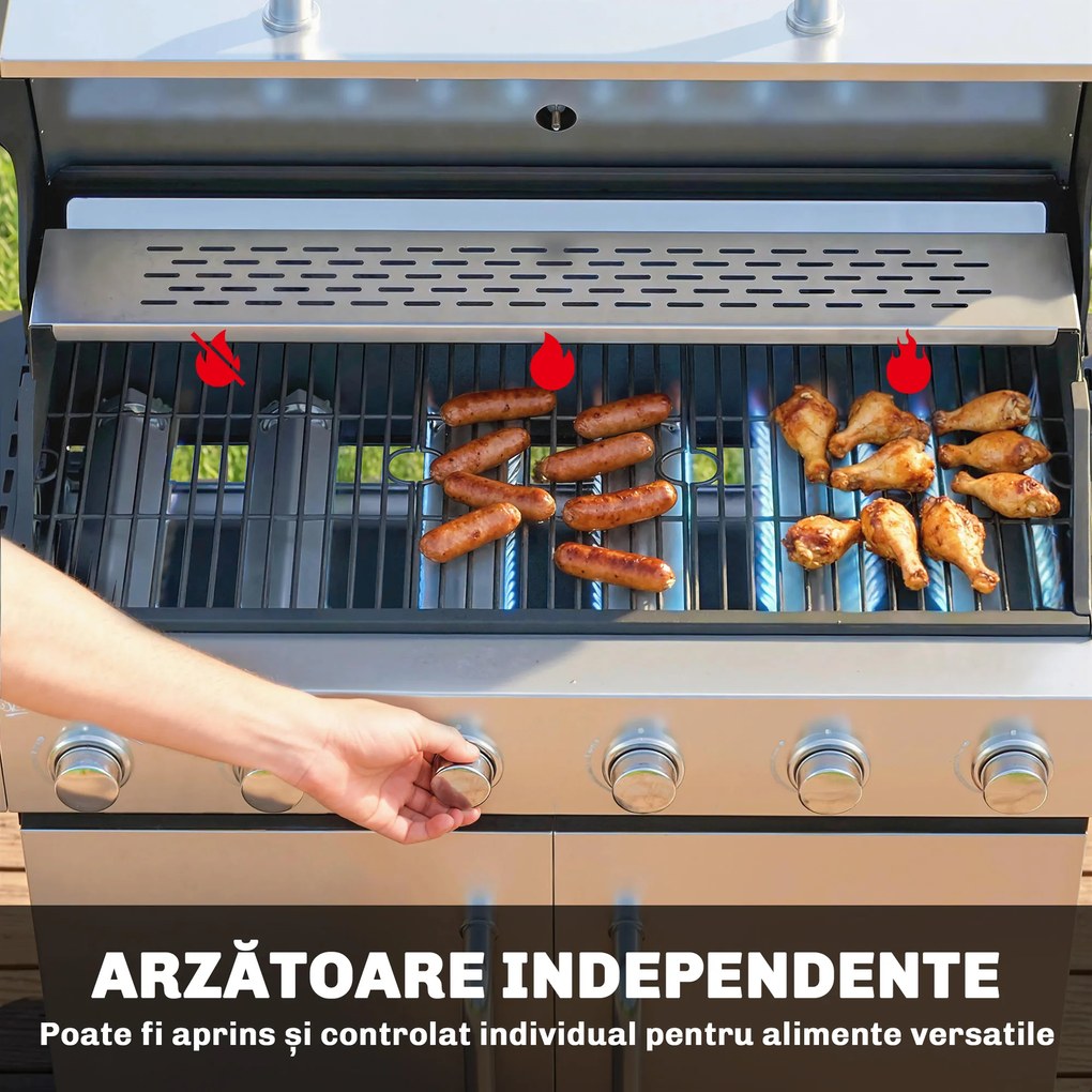 Outsunny Grătar pe Gaz, 6 Arzătoare, Arzător Lateral, Grilaj din Fontă, Dulap Inclus | Aosom Romania