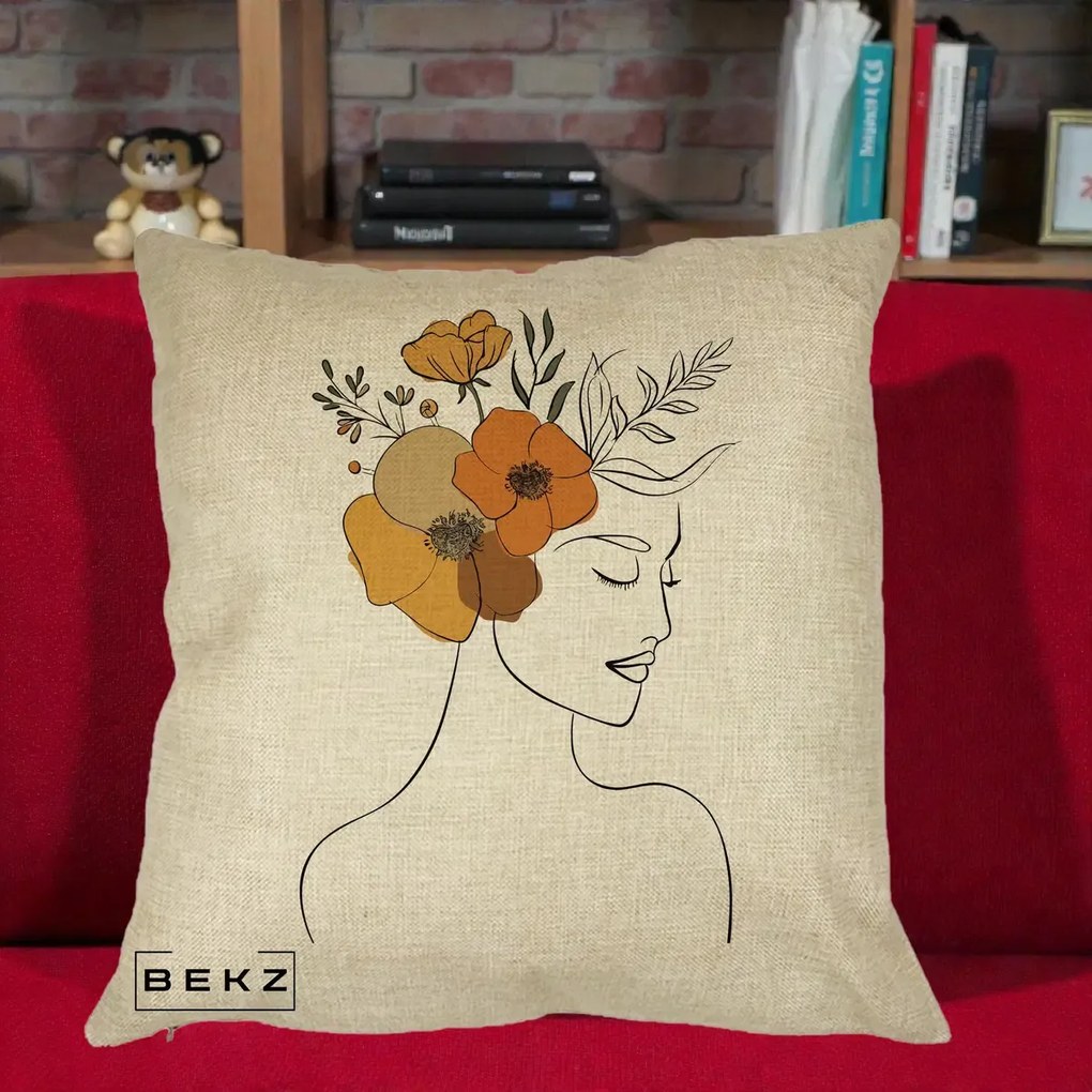 Perna Decorativa Portret Feminin Flori Galbene-Portocalii, 40x40 cm, Crem, Husa Detasabila, Perna Inclusa, BEKZ®