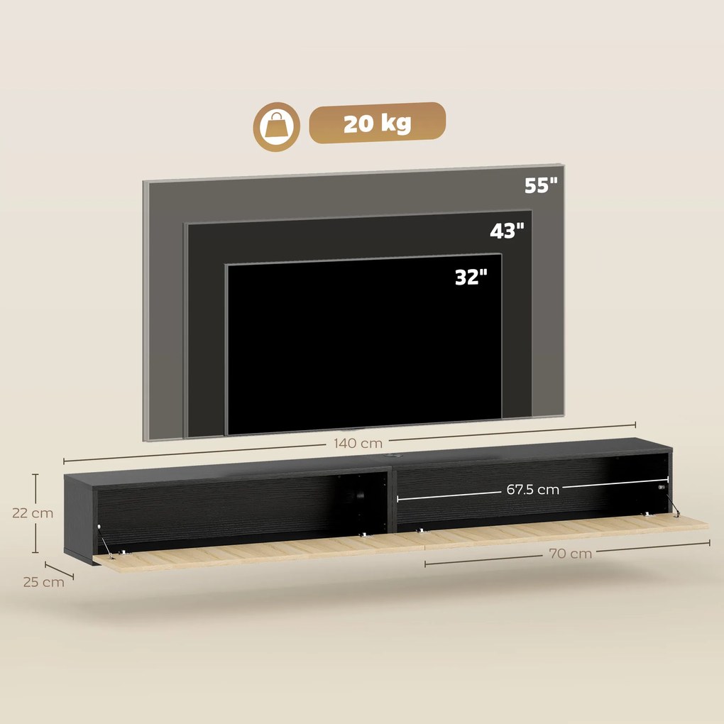 HOMCOM Comodă TV suspendată 140 cm, mobilier TV pentru televizoare 182,88 cm, 2 uși rabatabile, 140x25x22cm, lemn natural și negru | Aosom Romania