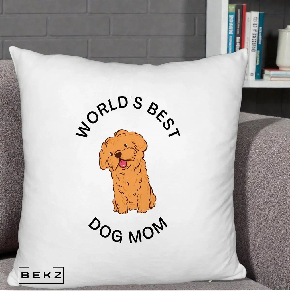 Cadou pentru Iubitorii de Caini - Perna Personalizata World's Best Dog Mom, 40x40 cm, Alb Pufos, Husa Detasabila, Perna Inclusa, BEKZ®