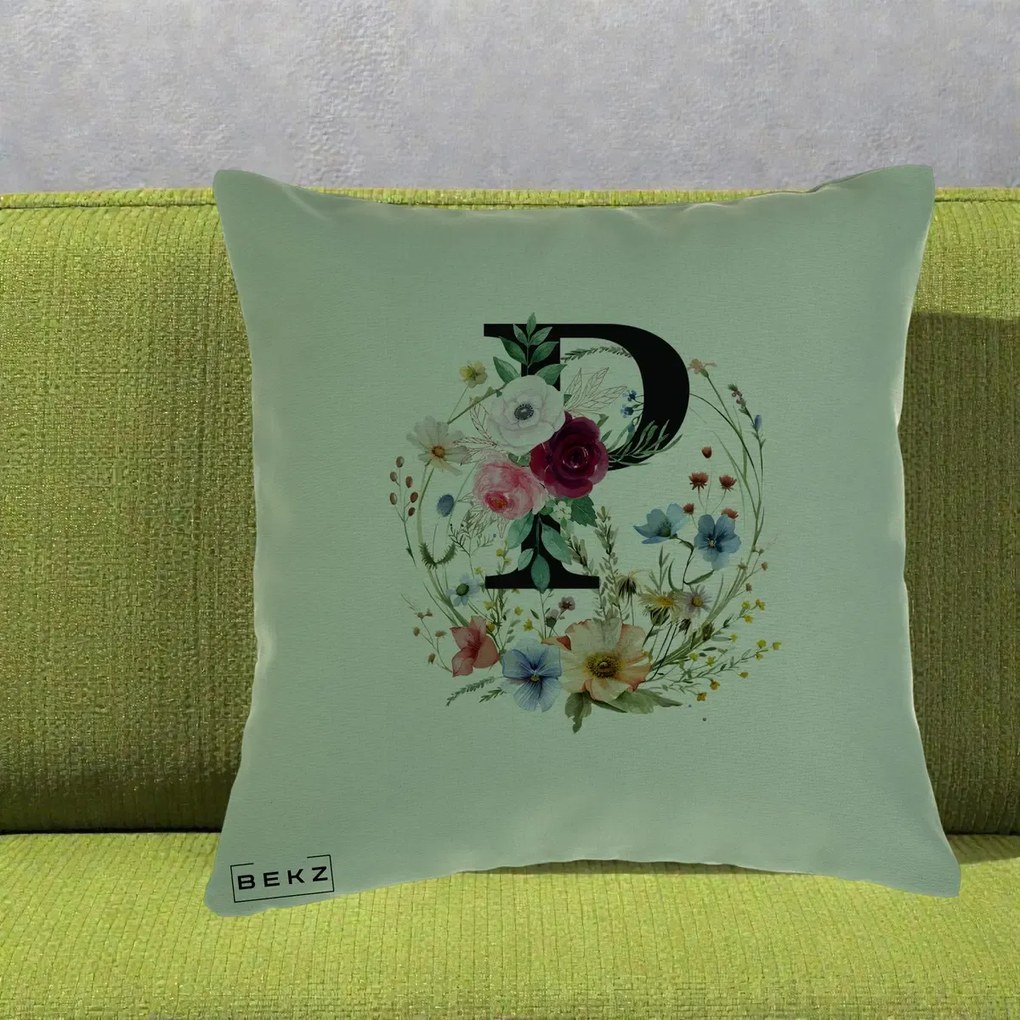 Cadou Personalizat - Perna Personalizata Monogram Litera P cu Flori Acuarela, 40x40 cm, Verde, Husa Detasabila, Perna Inclusa, BEKZ®