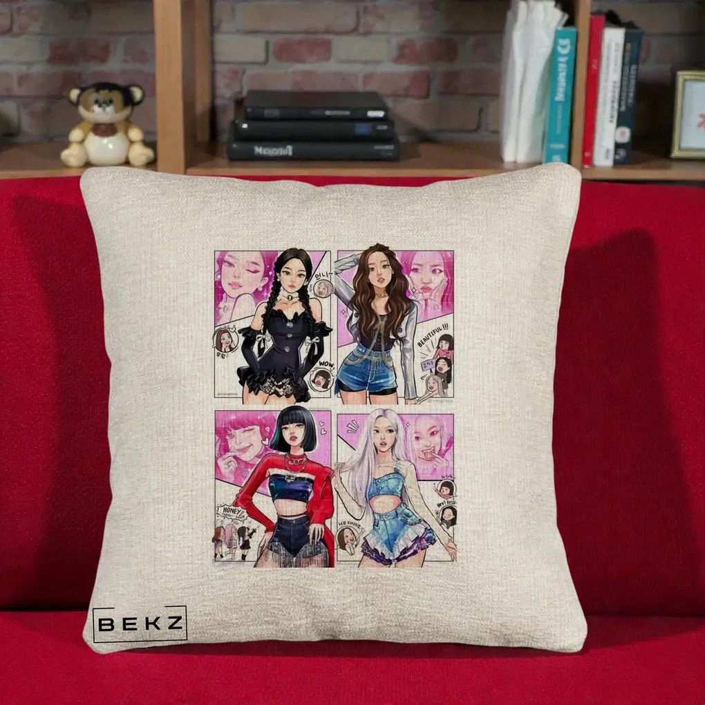Perna Personalizata K-pop BLACKPINK Fanart Manga Benzi Desenate 4 Membre, 40x40 cm, Bej Canapea, Husa Detasabila, Perna Inclusa, BEKZ®