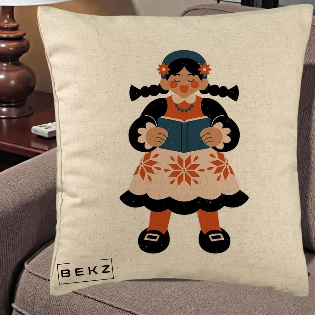 Perna Personalizata Fetita cu Carte Ilustratie Folk, 40x40 cm, Bej, Husa Detasabila, Perna Inclusa, BEKZ®