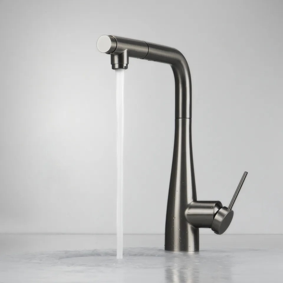 🚰 Baterie bucătărie ERIDAN, cu racord filtru de apă & pipă extractibilă, finisaj titan – Cod BRE_D75M