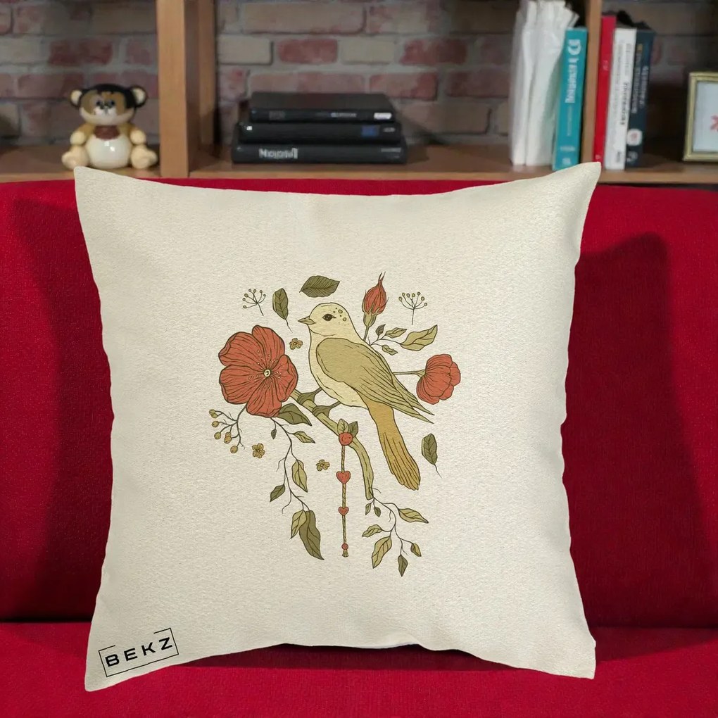Perna Decorativa Pasare pe Ramura cu Maci, 40x40 cm, Ecru, Husa Detasabila, Perna Inclusa, BEKZ®