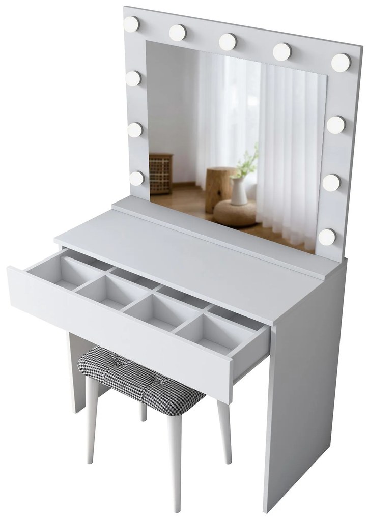 Măsuță de toaletă cu taburete Bojoremo 21 (cu oglindă) (cu iluminat LED) (alb). 1107278