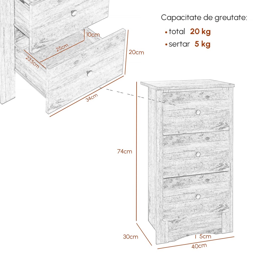 HOMCOM Noptieră cu 2 Sertare în Stil Rustic, Noptieră pentru Dormitor din Lemn, 40x30x74 cm, Maro | Aosom Romania