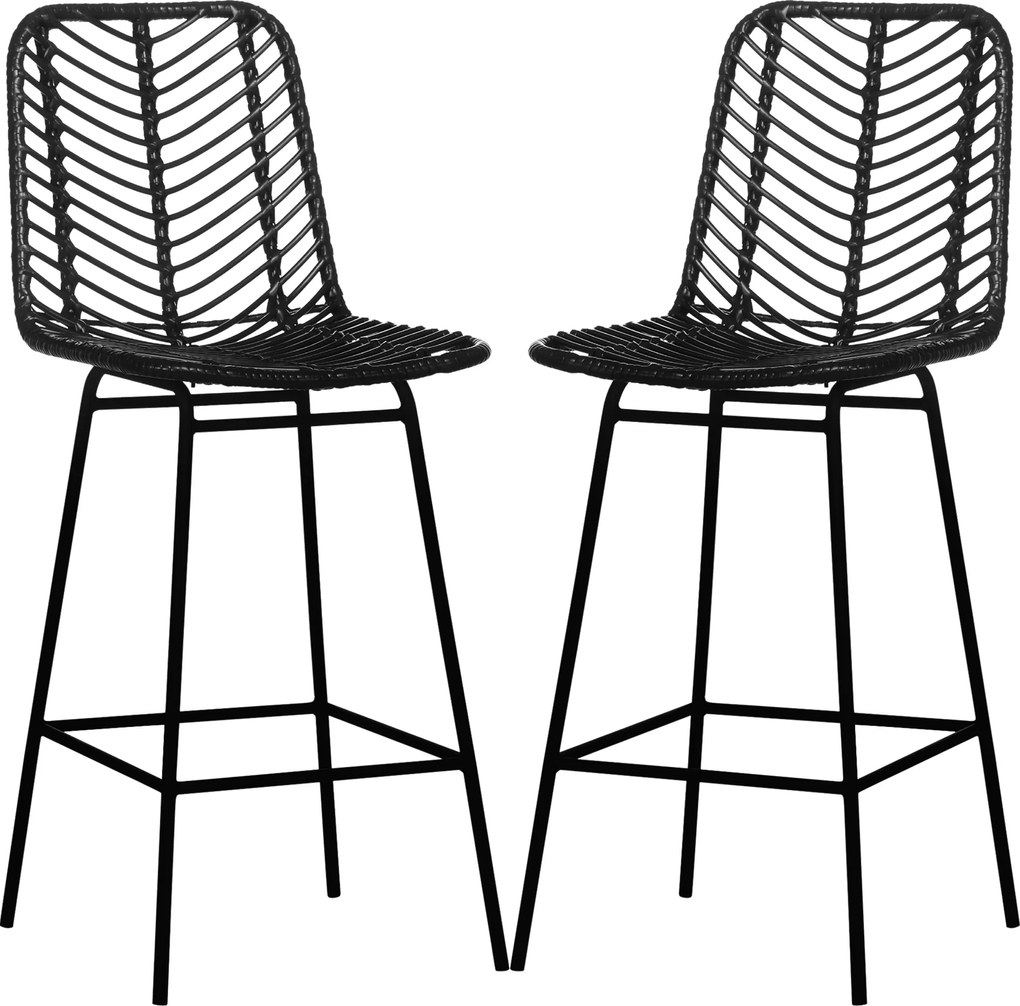 HOMCOM Set de 2 taburete de bar design boem înălțime 66 cm cu suport picioare metalic și ratan PE - negru | Aosom Romania