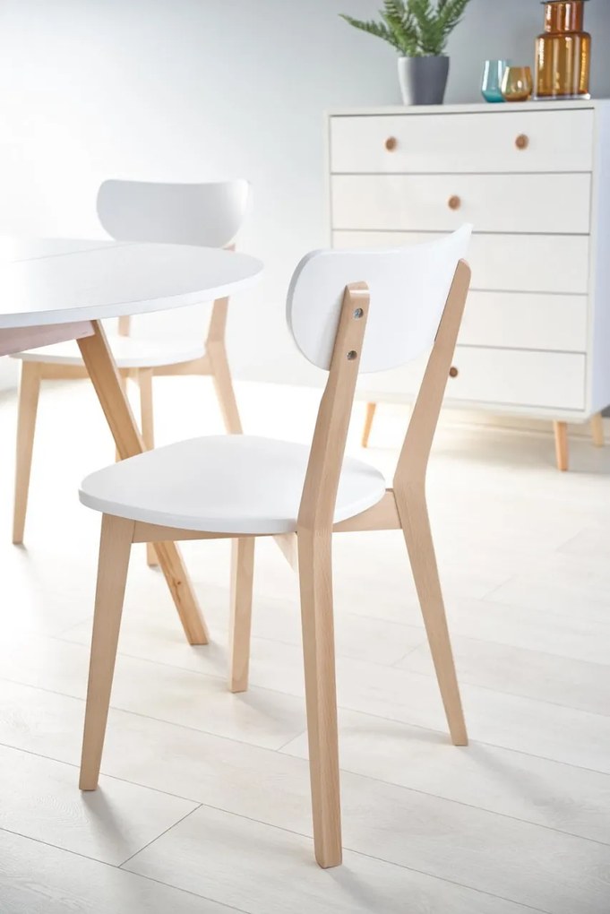 Set masa extensibila Ruben alb/stejar miere L102-142 cm + 4 scaune Buggi alb/natur