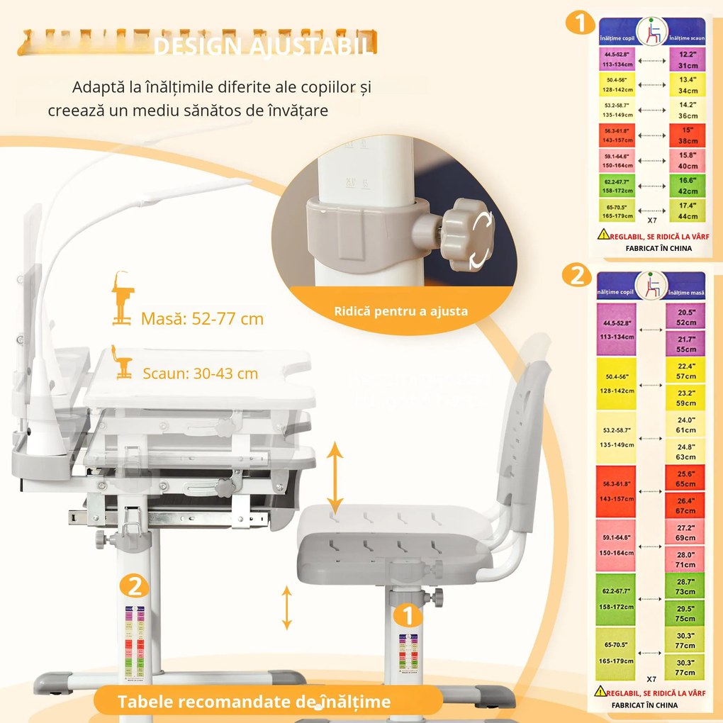 Homcom Set Birou Copii cu LED – Reglabil 6–12 Ani cu Blat inclinat | Aosom Romania