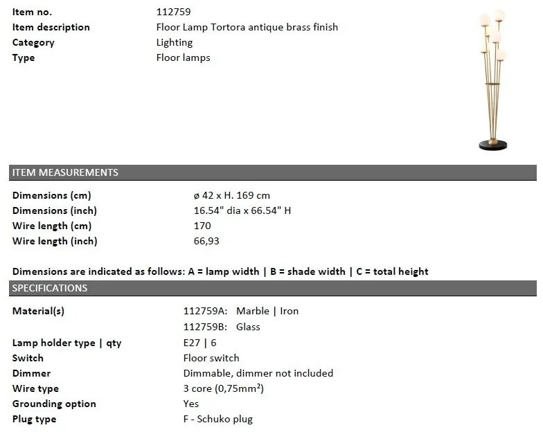Lampadar design LUX cu 6 surse de lumina Tortora, alama antic 112759 HZ