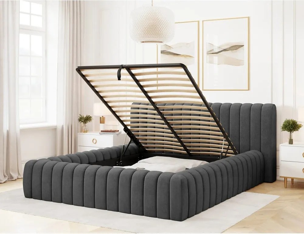 Pat matrimonial gri închis tapițat cu spațiu de depozitare cu somieră 180x200 cm Carilla – ELTAP