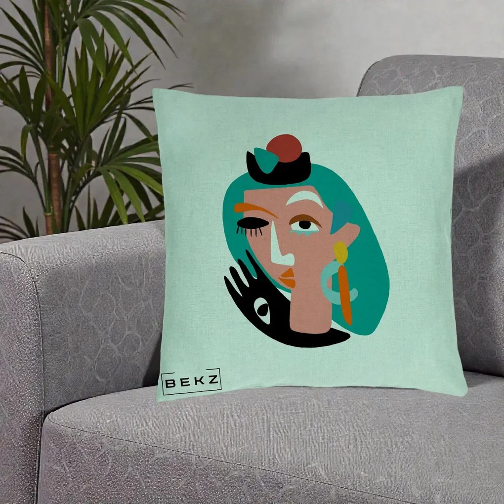 Perna Decorativa Portret Abstract Matisse Turcoaz, 40x40 cm, Verde Menta, Husa Detasabila, Perna Inclusa, BEKZ®