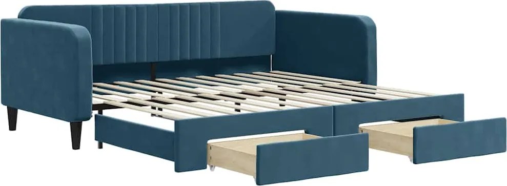 vidaXL Pat de zi cu extensie și sertare, albastru, 100x200 cm, catifea