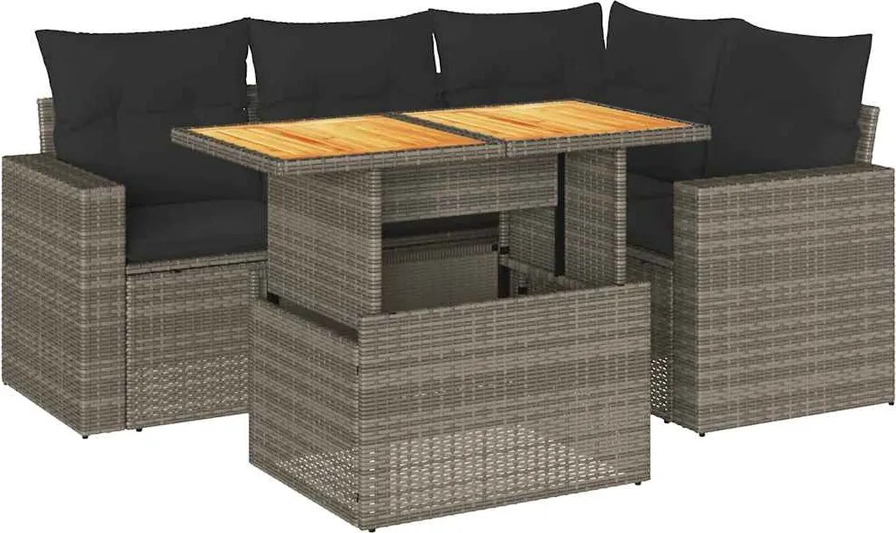 vidaXL Set canapea de grădină cu perne, 5 piese, gri, poliratan