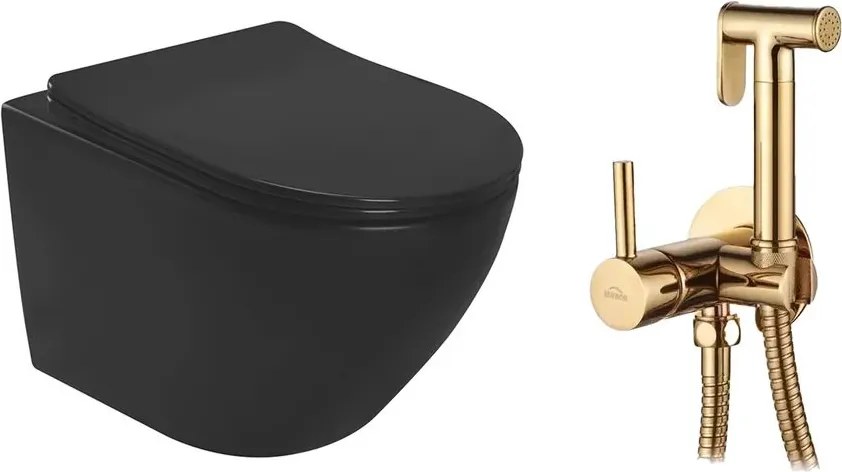 Pachet vas wc suspendat Rea Carlo, capac softclose si set dus igiena intima auriu cu baterie incastrata Invena Bidetta