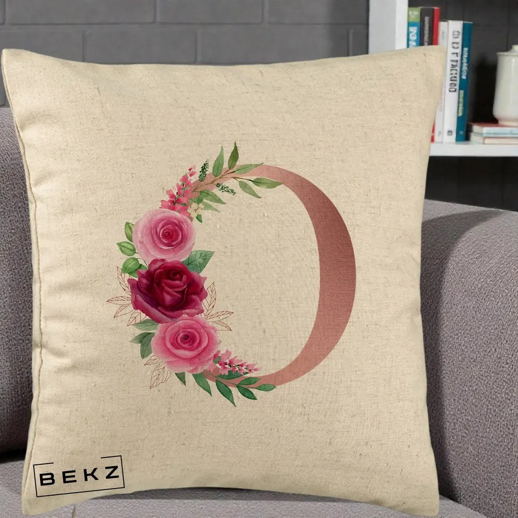 Cadou Personalizat - Perna Personalizata Monograma Rose Gold Litera O, 40x40 cm, Bej, Husa Detasabila, Perna Inclusa, BEKZ®