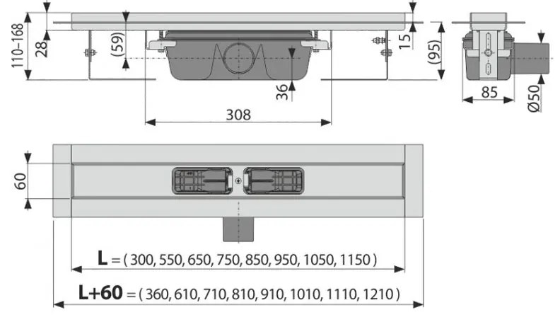 Canal de scurgere pentru dus, Alcadrain, 55 cm