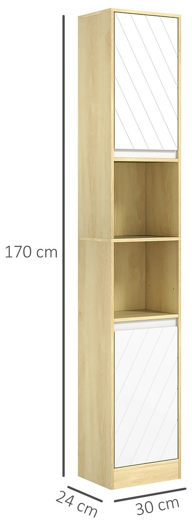 HOMCOM Dulap Înalt de Baie Spațios, Mobilier de Baie cu 2 Dulapuri și Rafturi Reglabile, 30x24x170 cm, Lemn Natural | Aosom Romania