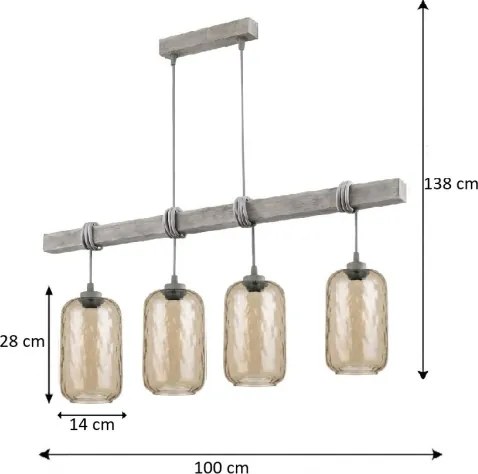 Brilagi - Lustra suspendată pe cablu WOOD GLASS 4xE27/60W/230V pin/gri/maro fumuriu