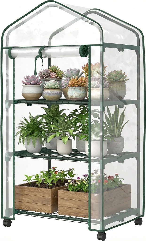Outsunny Mini seră de grădină cu 3 rafturi, prelată PVC de înaltă densitate, ușă rulabilă 4 roți 69 x 49 x 130 cm transparent | Aosom Romania