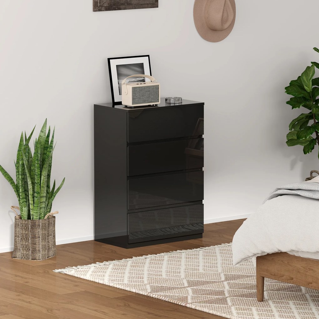 HOMCOM Comodă cu 4 Sertare din Lemn, pentru Dormitor, Modernă și Multifuncțională, 55x33x80 cm, Negru | Aosom Romania