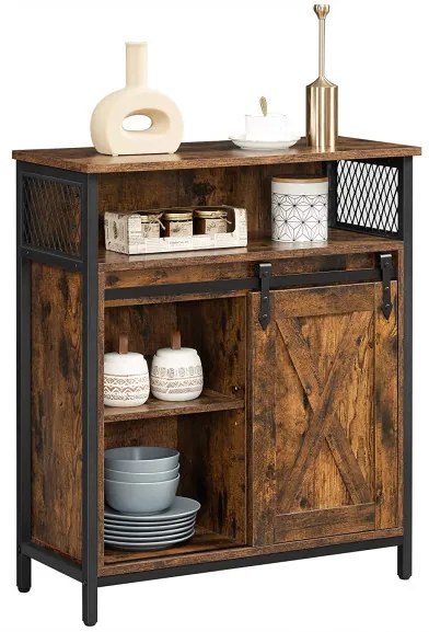 Dulap De Depozitare Cu Usa Glisanta, Maro Rustic Si Negru, 70 Cm