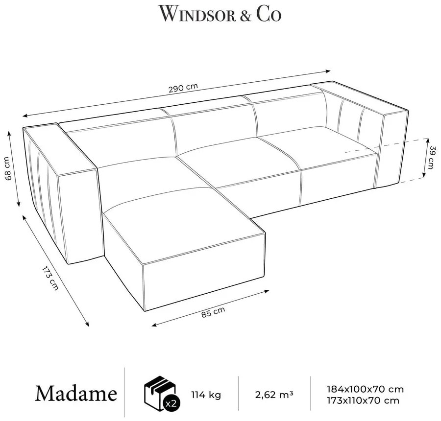 Colțar maro închis cu tapițerie din piele (cu șezlong pe partea stângă ) Madame – Windsor &amp; Co Sofas