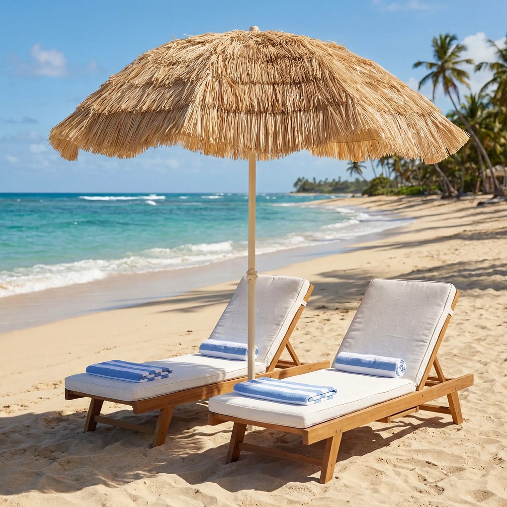 Outsunny Umbrelă de plajă Ø 1,85 m, umbrelă mare înclinabilă, stil hawaian, înălțime stâlp reglabilă, sac de transport, kaki | Aosom Romania