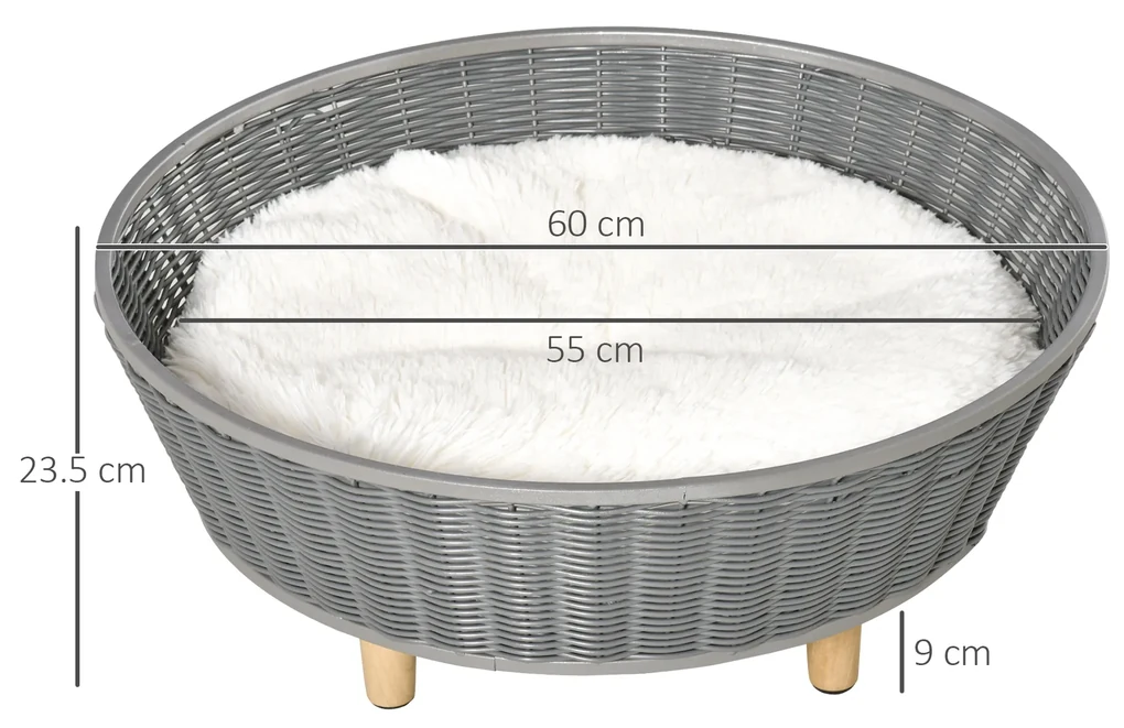 PawHut Culcuș de Interior din Rachită Sintetică Gri pentru Pisici și Câini până la 10kg, Confort și Stil, 60x60x23.5cm | Aosom Romania