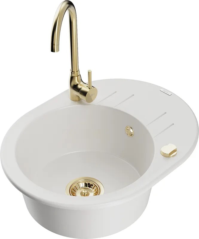 Mexen Kevin chiuvetă de granit cu 1 cuvă cu scurgător și baterie bucătărie Telma, alb - 6517-20-670200-50