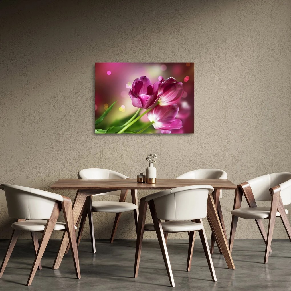 Tablou pe sticlă cu lalele roz (70x50 cm)