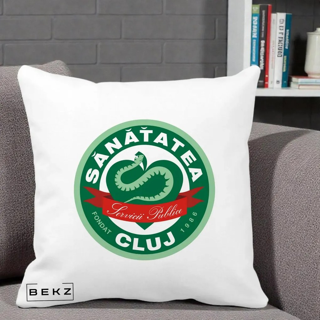 Perna Personalizata Sanatatea Cluj Servicii Publice 1986, 40x40 cm, Alba Mata, Husa Detasabila, Perna Inclusa, BEKZ®