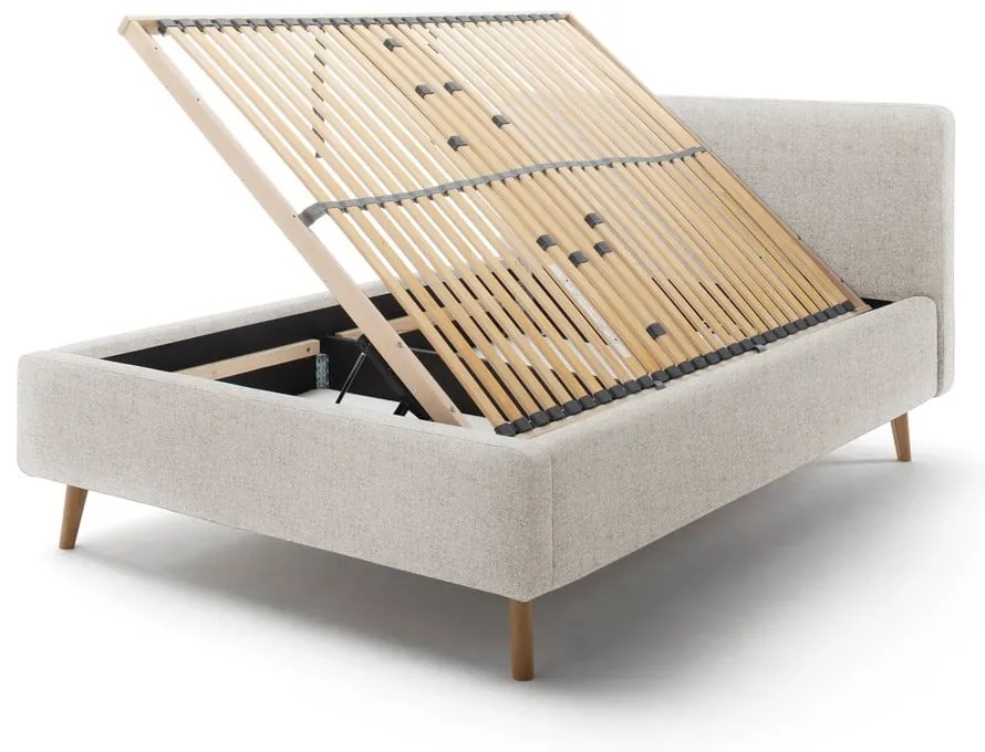 Pat matrimonial bej tapițat cu spațiu de depozitare cu somieră 140x200 cm Mattis – Meise Möbel