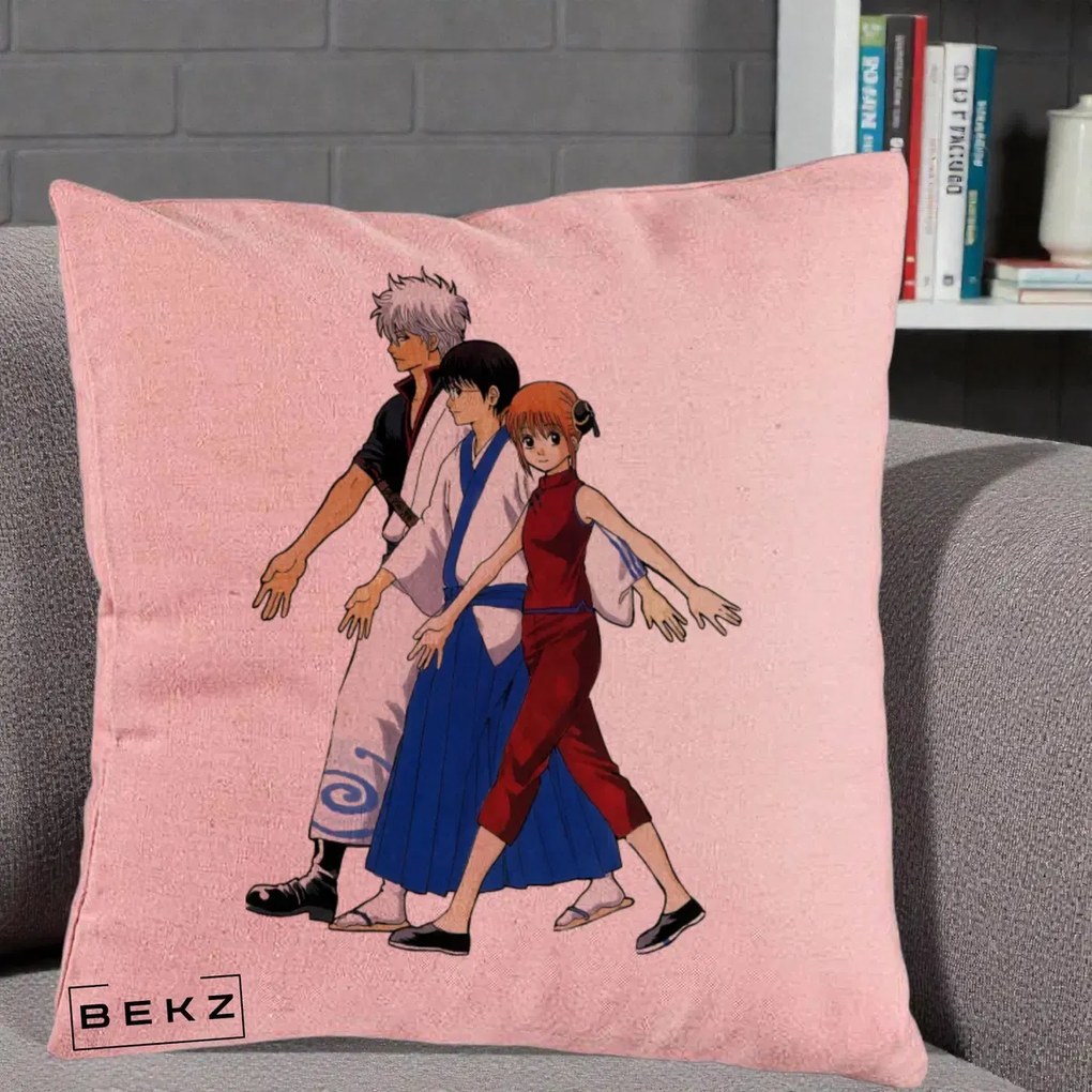 Perna Personalizata Gintama Trio Gintoki Shinpachi Kagura, 40x40 cm, Roz, Husa Detasabila, Perna Inclusa, BEKZ®