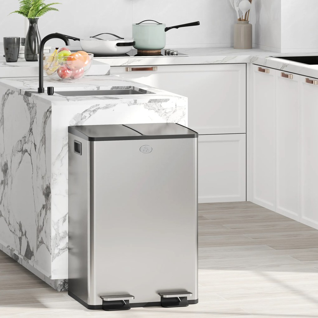 HOMCOM Coș de Gunoi cu Pedală, 2 x 20L, din Oțel, cu Capace Silențioase și Găleți Interioare Detașabile, Argintiu | Aosom Romania