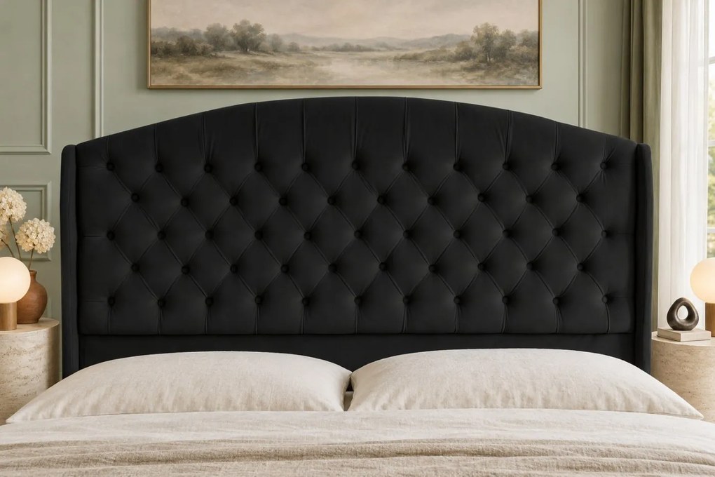 Pat tapițat Lunara Deluxe 200×200 cm, negru, cu ladă de depozitare