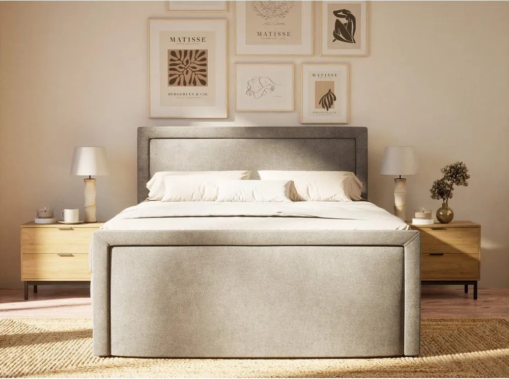 Pat boxspring gri cu spațiu de depozitare 200x200 cm Fresco – Maison de Rêve