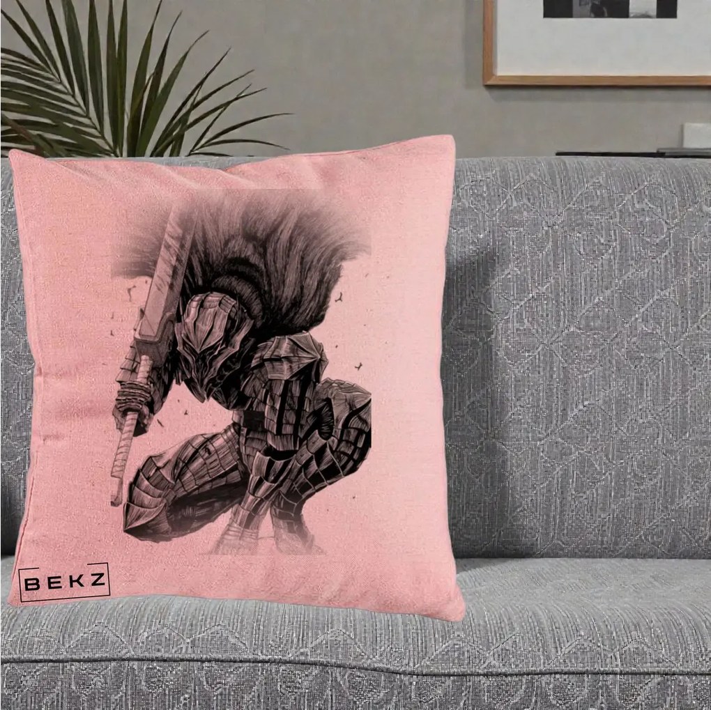 Perna Personalizata Berserk Guts Armor of Darkness Manga, 40x40 cm, Roz, Husa Detasabila, Perna Inclusa, BEKZ®