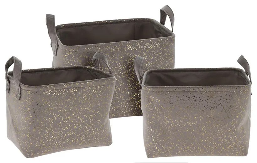 Set 3 cutii depozitare cu manere, material catifelat, poliester, gri/auriu