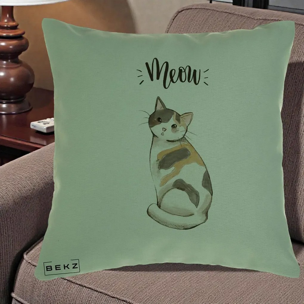 Perna Personalizata Pisica Meow Acuarela, 40x40 cm, Verde, Husa Detasabila, Perna Inclusa, BEKZ®