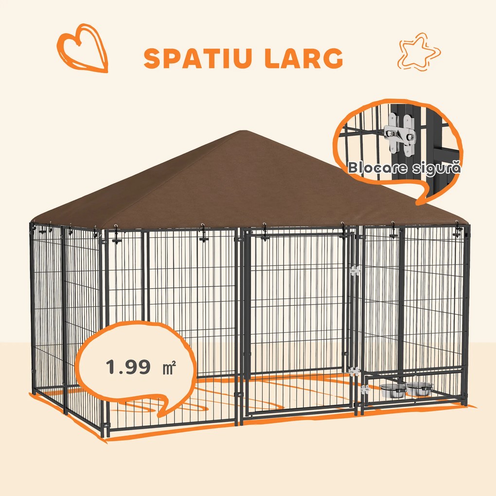 Pawhut Gard Metalic pentru Caini – Cu Usa pentru Bol &amp; Husa Oxford | Aosom Romania