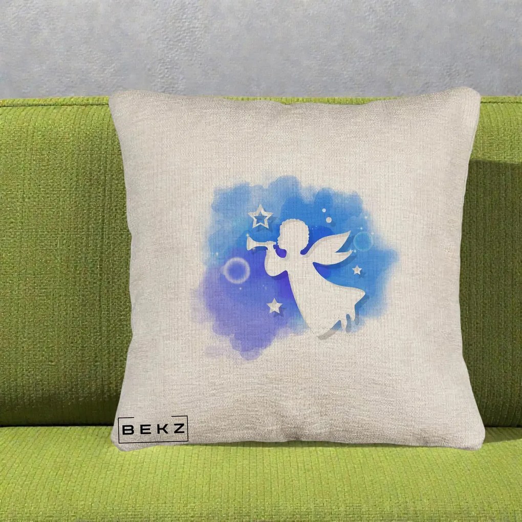 Perna Decorativa Inger cu Trompeta Albastru, 40x40 cm, Bej Canapea, Husa Detasabila, Perna Inclusa, BEKZ®
