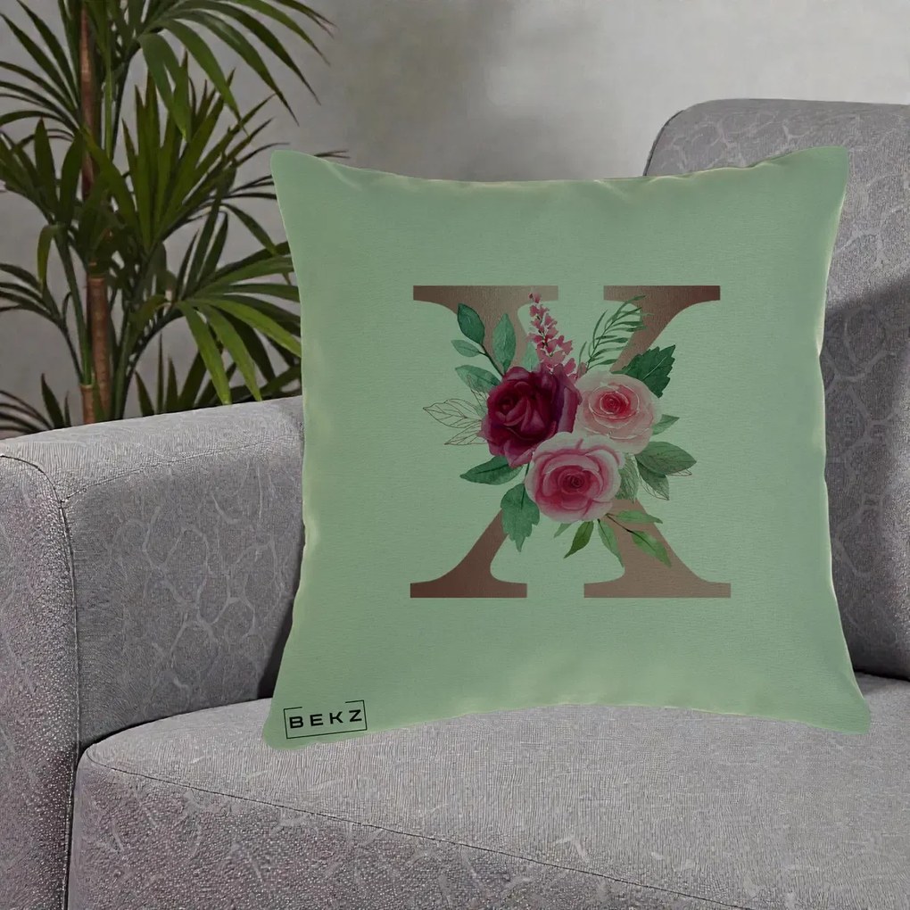 Cadou Personalizat - Perna Personalizata Monograma Rose Gold Litera X, 40x40 cm, Verde, Husa Detasabila, Perna Inclusa, BEKZ®