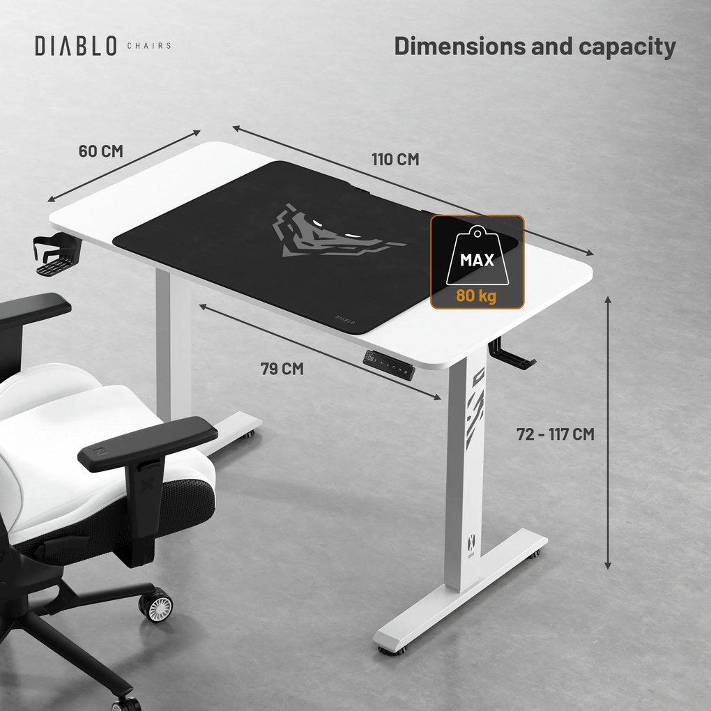 Birou reglabil pe înălțime Diablo X-Tensio 1100 alb