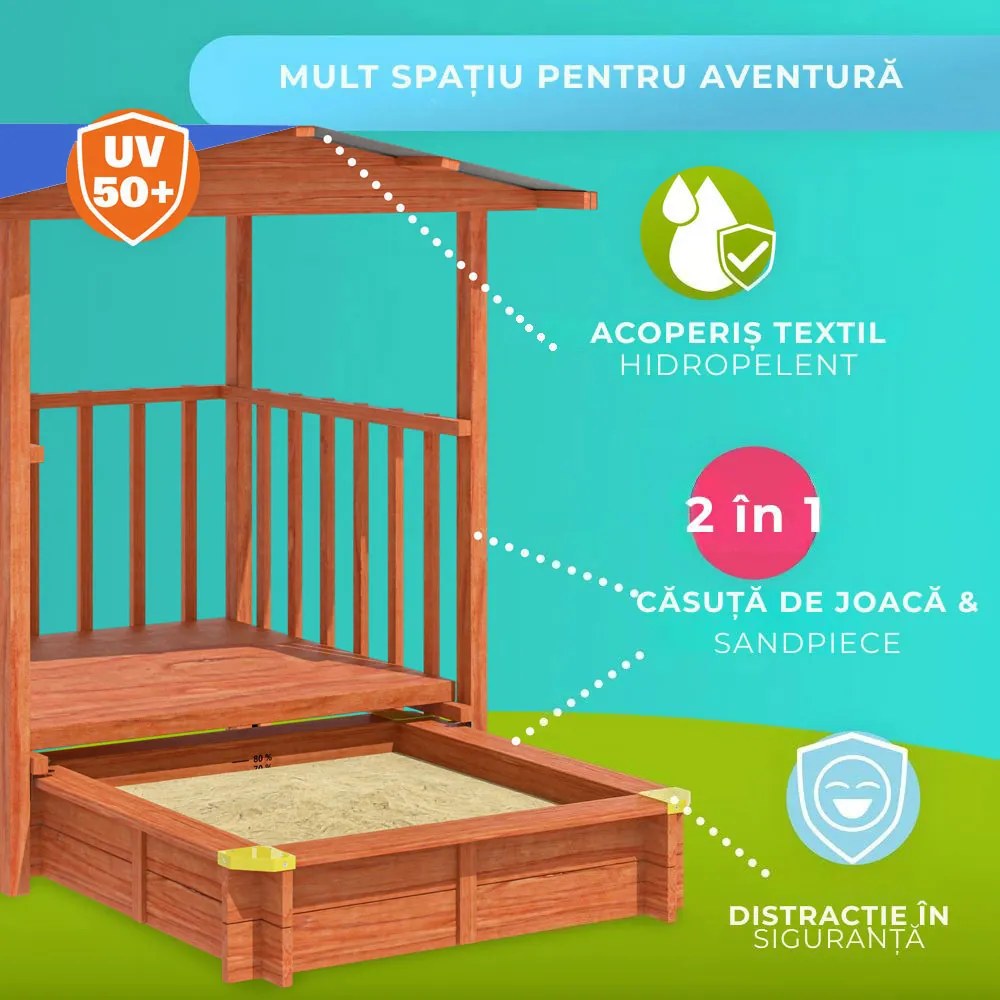 Groapa cu nisip cu verandă SUNNY, 130x130x143cm, maro/albastră Jurhan
