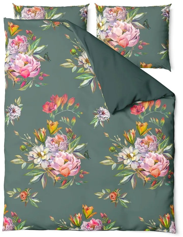 Lenjerie de pat din bumbac satinat pentru pat dublu Bonami Selection Floret, 200 x 220 cm, verde închis