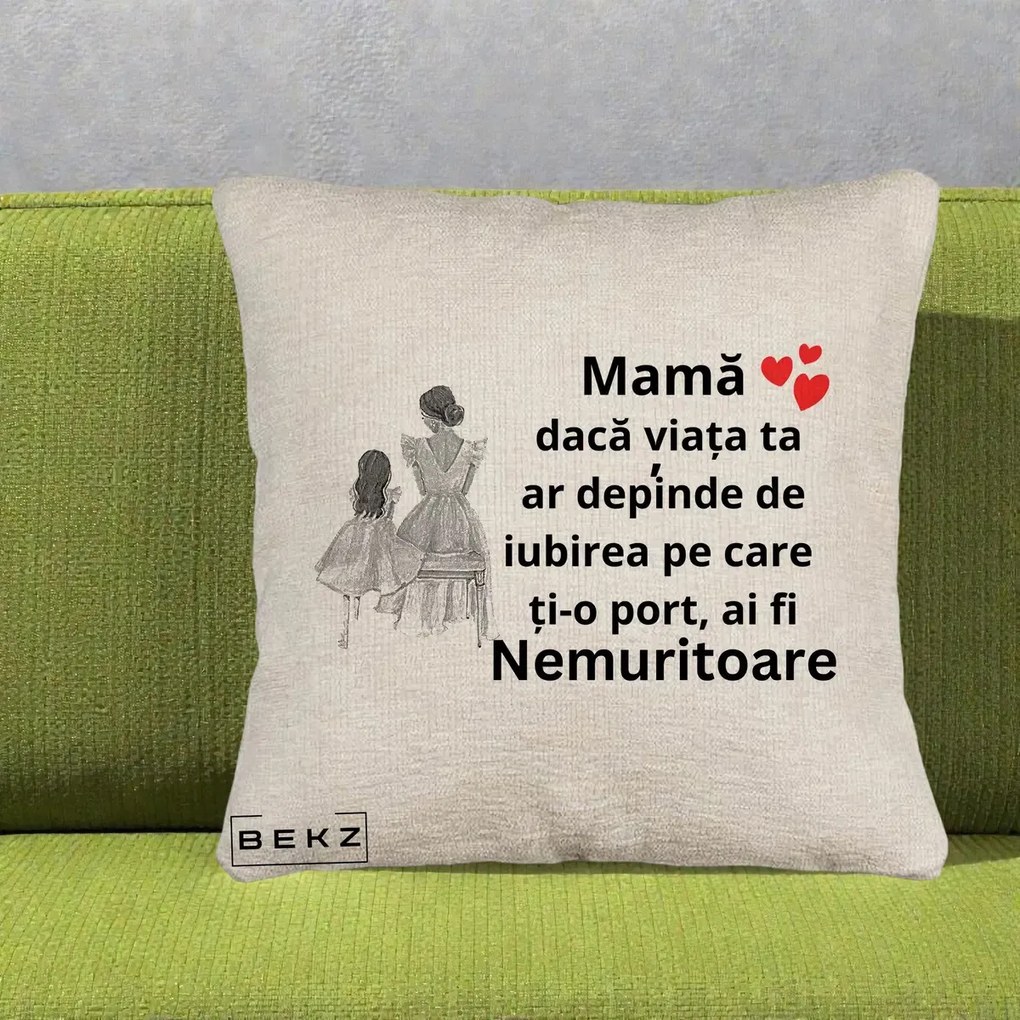 Cadou pentru Mama - Perna Personalizata Mama Nemuritoare Line Art, 40x40 cm, Bej Canapea, Husa Detasabila, Perna Inclusa, BEKZ®