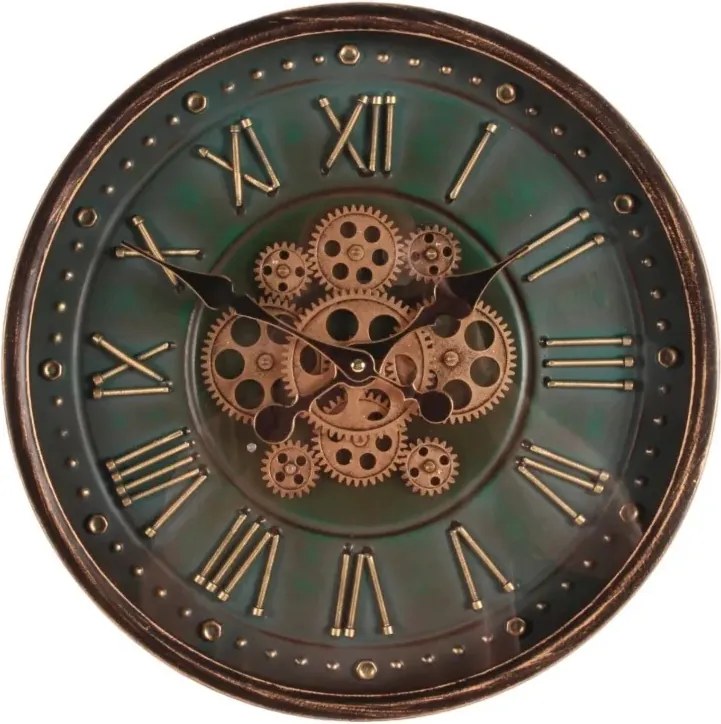 Ceas de perete din metal și sticlă, verde, rotund, cu cifre romane din șuruburi și roți dințate mobile la vedere, finisaj antichizat, 7 x 40 cm,