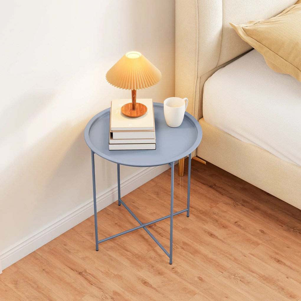 Outsunny Măsuță Rotundă Măsuță de Supliment Blat Detașabil cu Margine Ridicată Picioare Pliabile din Metal Ø46x50cm Albastru-Gri | Aosom Romania